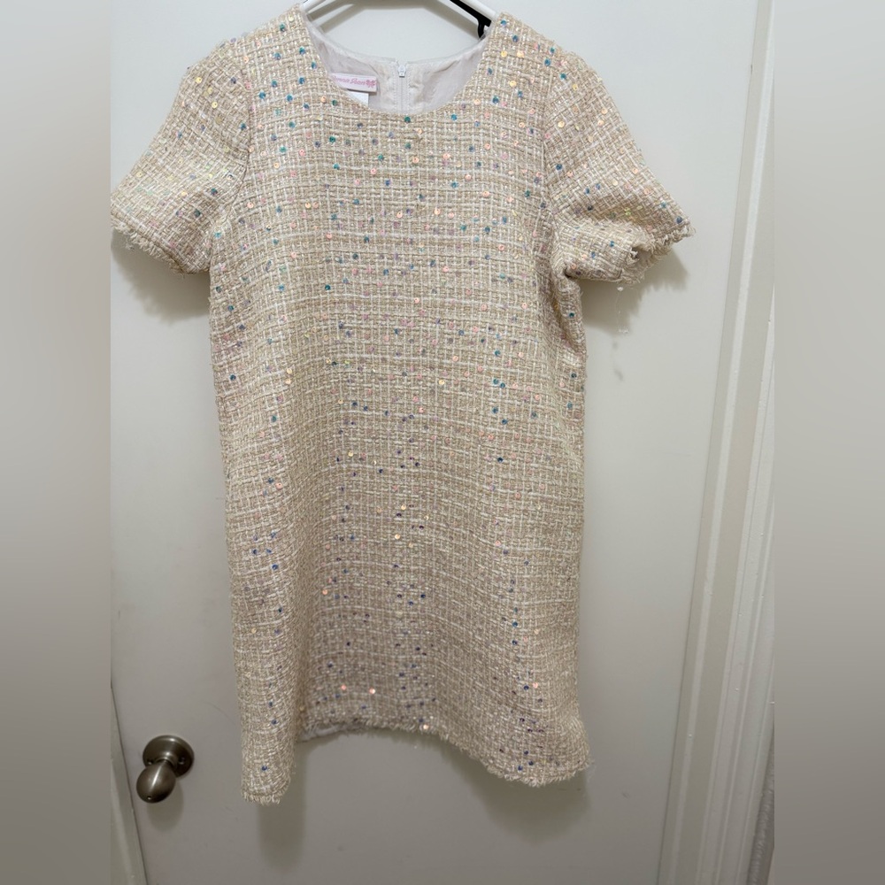 Kids Bonnie Jean Cream Tweed Dress with Multicolor sequences